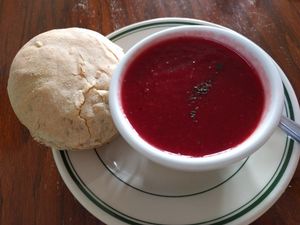 Soup du jour - sweet and sour beet-dill borscht at Wildflower Cafe and Bakery in Arcata