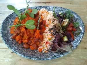Sweet potato stew with cous cous and salad at The Emporium in Yeovil