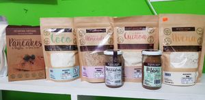 Coconut flour, almond flour  quinoa and butter at Green Store in Leon