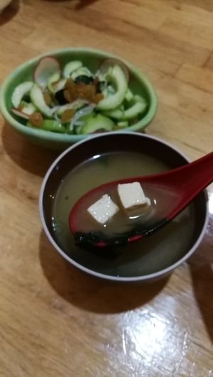 Miso soup and cucumber salad at Cha-Ya in Berkeley