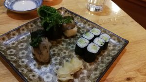 Cha - Ya Sushi Plate USD12.50
one kappa roll (6 pieces), and one nigiri each of shiitake, eggplant, and sea vegetable salad
 at Cha-Ya in Berkeley