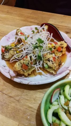 Tonchi Nasu (Stuffed Eggplant Tempura) USD13.50 
Eggplant stuffed with setsuma potato, corn, hijiki, carrots and soybeans, lightly battered and deep-fried, tempura style, served wi at Cha-Ya in Berkeley