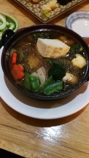  Cha - Ya Nabe USD14.50
(vegan sukiyaki) nappa cabbage, spinach, red onion, carrots, mushrooms, kabocha, broccoli, cauliflower, lotus root, zucchini, snap peas, snow peas, silver n at Cha-Ya in Berkeley