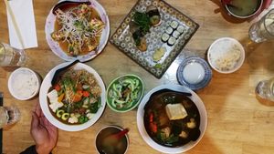 Sukiyaki, sushi plate, curry rice, tonchi nasu, miso soup, sunomono  at Cha-Ya in Berkeley