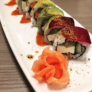 Super delicious vegan roll with tofu, avocado and beets.  at Shooters Waterfront in Fort Lauderdale