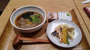 Zaru soba with hot broth and tempura vegetables at Tateshinaan in Tokyo