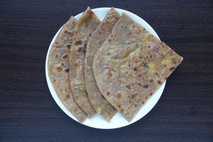 Fenugreek Paratha: It is a very healthy option in Indian Kitchens. Fenugreek is called Methi in Hindi. Methi, Potato, and Indian Spices improves its tastes and health benefits. at Veganersworld 莘咖哩  in Tainan