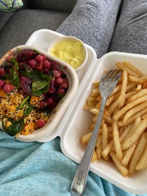 Takeaway salad and fries  at Munch in Palmerston North