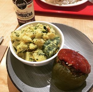 Potato salad, stuffed capsicum, and kombucha at Munch in Palmerston North