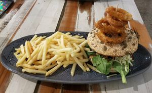 The Green Park Burger with onion rings & fries ~ Gooood! at Munch in Palmerston North