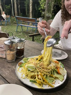fried yellow noodles. amazing by itself. perfect with toppings.  at Hilltop in Koh Muk