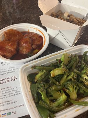 General Tso’s Vegan Chicken, Triple Green & Vegan Chicken Fried Rice  at Mei's Kitchen in Griswold
