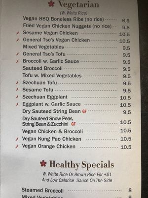 The vegan/vegetarian menu at Mei's Kitchen in Griswold