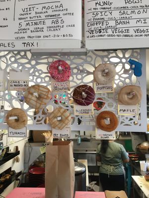 Vegan donut selection (clearly labeled) at Drift Dough in Rochester