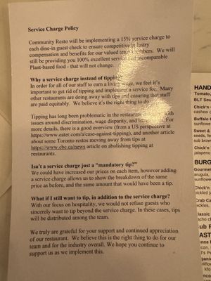 A mandatory 15% service is added   at Community Restaurant in Oakville