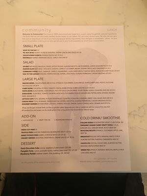 Menu on opening week  at Community Restaurant in Oakville