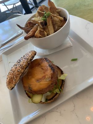 Beyond burger with truffle fries poutine at Community Restaurant in Oakville
