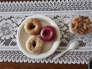 Vegan donuts with cashew parfait and granola at ROOTED in Pleasant Hill
