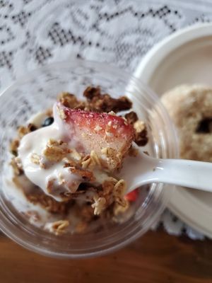 Strawberry, blueberries, granola, pumpkin seeds inside the cashew parfait at ROOTED in Pleasant Hill