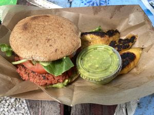 Aguacate Burger w/ Sweet Plaintains at Aguacate in Miami