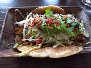 Soy and seasame eggplant hawker roll (vegan) at Madam Woo in Hamilton