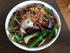 Char kway teow fried noodles (vegan) at Madam Woo in Hamilton