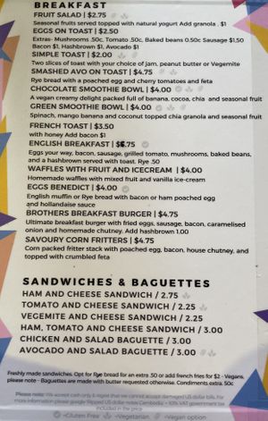 Menu 1 of 3 - Breakfast and sandwiches  at Brother Bong in Siem Reap