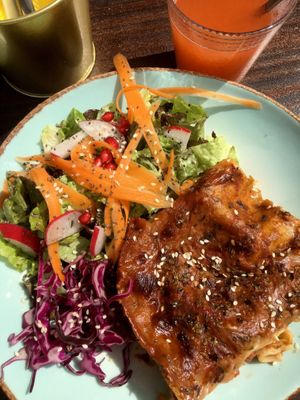 vegan lasagna with strawberry, lemon and mint juice at Cabane  in Lisbon