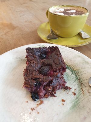 Chocolate cake with red berries at Cabane  in Lisbon