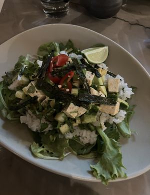 Vegan Mexican Poke Bowl entrée. Bland enough to warrant a dozen shakes of Tabasco sauce.  at CRAVE in Edina