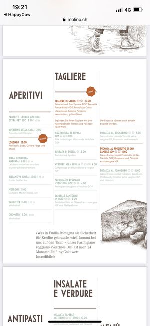 Menue at Molino Pizzeria Ristorante - Stauffacherstrasse in Zurich
