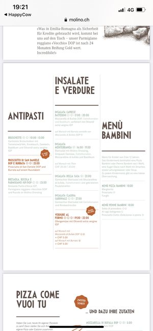 Menue at Molino Pizzeria Ristorante - Stauffacherstrasse in Zurich