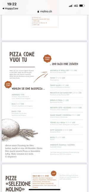Menue at Molino Pizzeria Ristorante - Stauffacherstrasse in Zurich