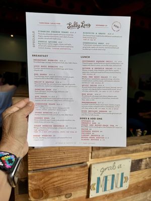 Menu November 2024 with vegan options   at Sally Loo's Wholesome Cafe in San Luis Obispo