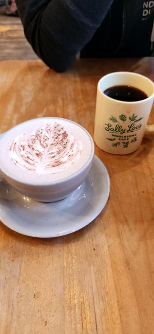Hot cocoa large with oat Milk and regular coffe at Sally Loo's Wholesome Cafe in San Luis Obispo