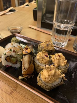 Vegan miso roll, eggplant nigiri and crunchy "vuna" roll (my absolute fav of the three).  at Negishi - Niederdorf in Zurich