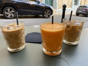 Mister C and iced coffee with oat milk (and beautiful glassware!)   at Caffè Berry in Sliema