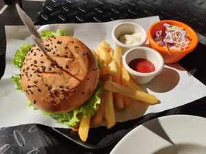Mushroom burger at The Mossy Forest Cafe in Tanah Rata