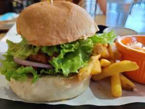 Chickpea burger close up at The Mossy Forest Cafe in Tanah Rata