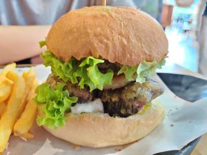 Shrooms burger close up at The Mossy Forest Cafe in Tanah Rata