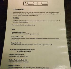 Page one of a fully separate vegan menu! at Koto in Cork