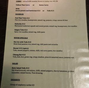 Page two of vegan menu  at Koto in Cork