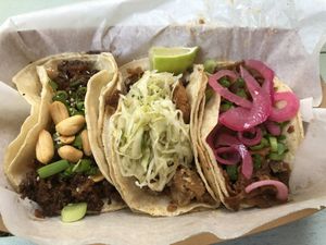 Sesame Peanut, Red Curry Chxn and Filipino Adobo tacos. Excellent! at R-BE-Q - Food Truck in Nashville
