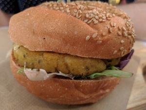 Happy burger at Veggie Burger by Biocenter in Barcelona