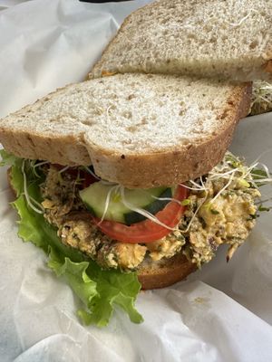 A wonderfully seasoned “chicken” salad sandwich (chickpea base) #Veganuary at Big Al's Healthy Foods in Tulsa