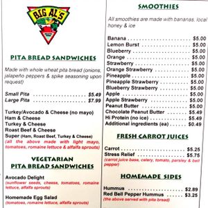 some of the menu at Big Al's Healthy Foods in Tulsa