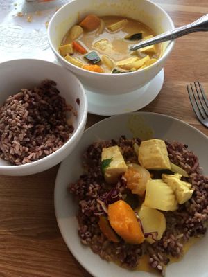 Yellow curry and brown rice at Thai Vegan III in Pacific Palisades