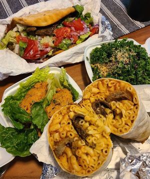 Mac Brisket wrap, Authentic Yeero, Red lentil balls, and Kale quinoa salad at Vegan Community Kitchen in Apex