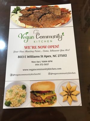 Flyer with address, phone # and website info.  at Vegan Community Kitchen in Apex