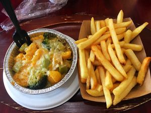 Mac & cheese and fries at Vegan Community Kitchen in Apex